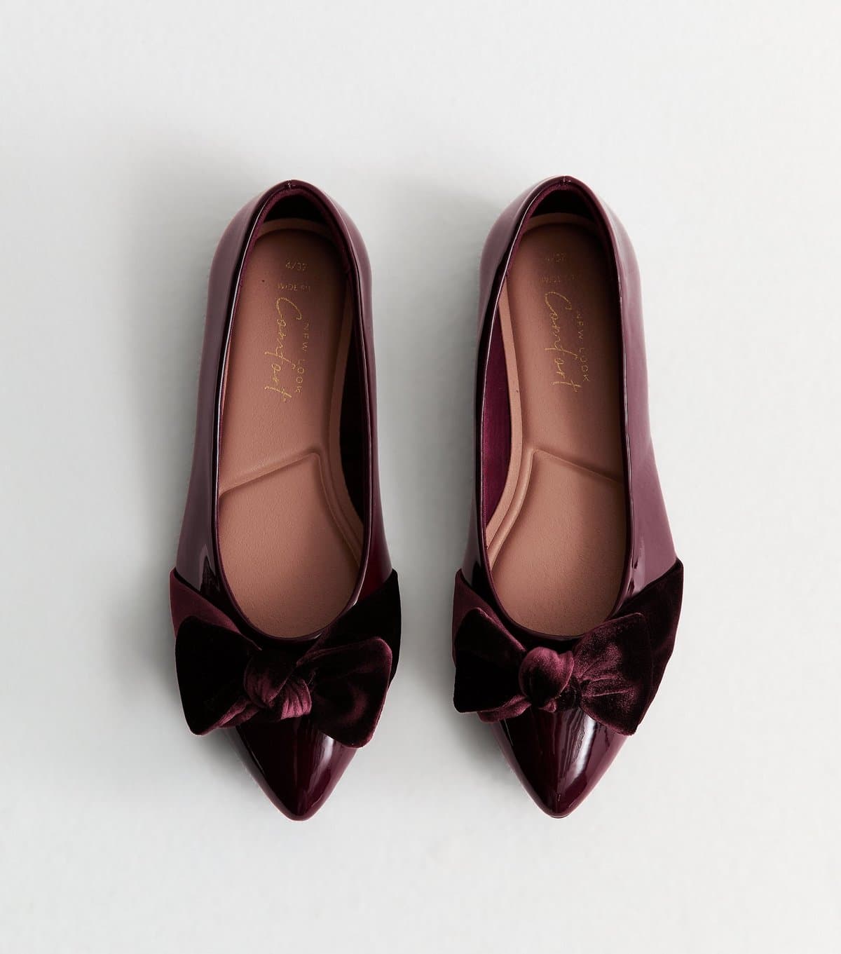 New Look Women's Wide Fit Dark Burgundy Patent Faux Leather Velvet Bow Ballet Flats Vegan New Look