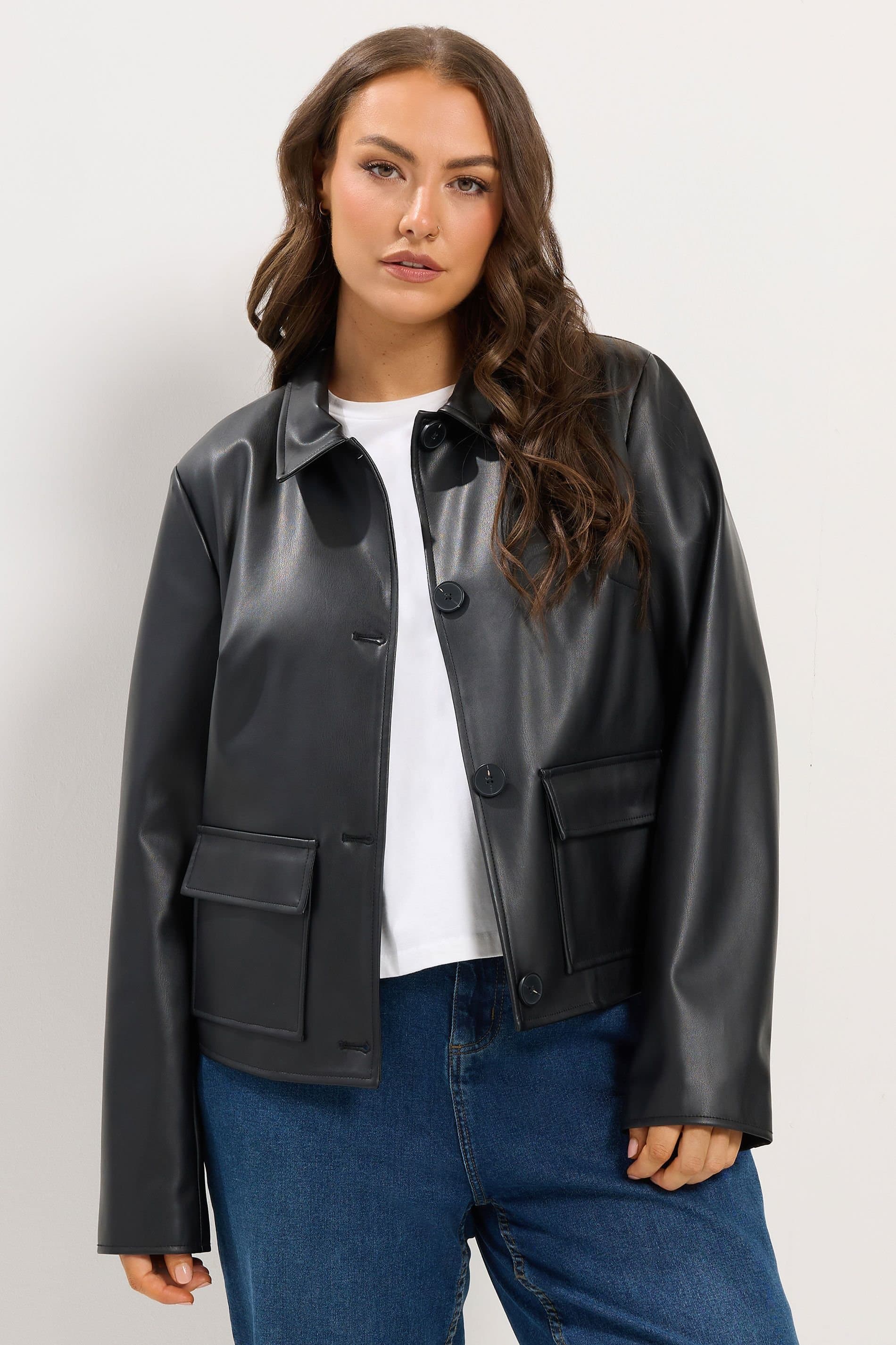 Yours Yours Women's Leather Button Jacket in Black