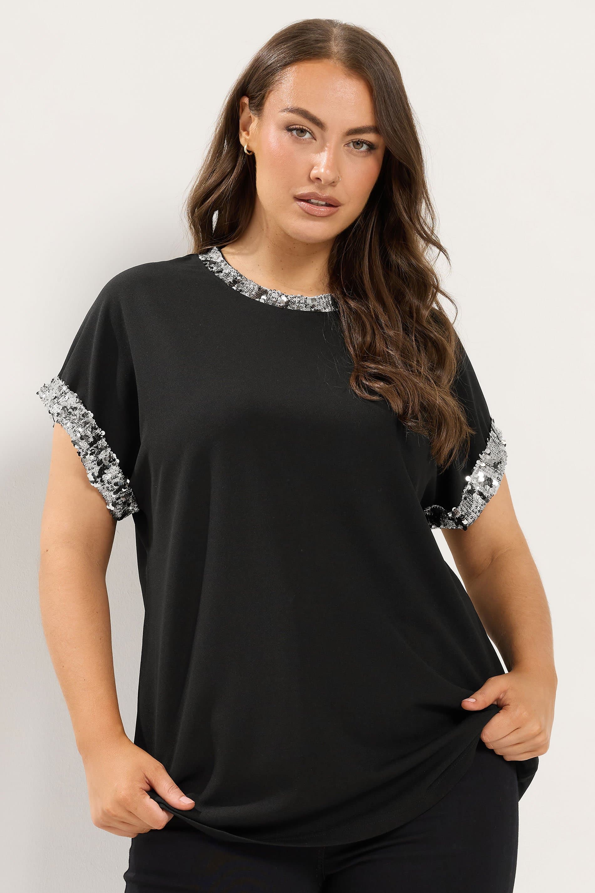 Yours Plus Size Black Sequin Trim Tee