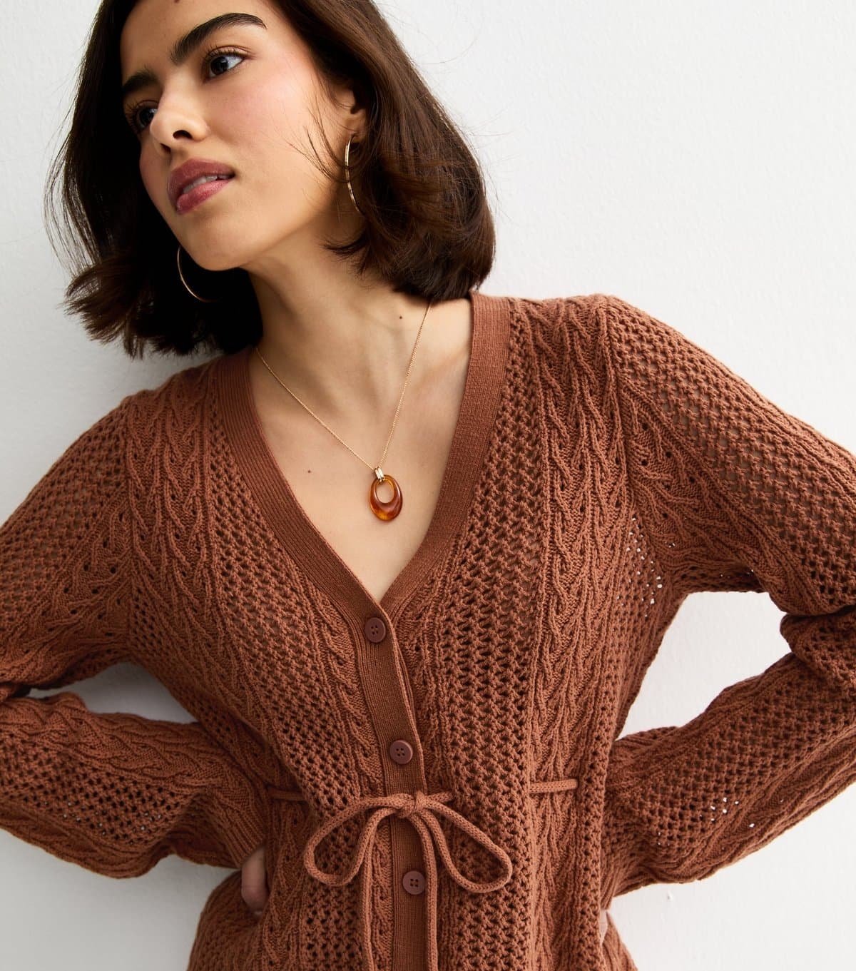 New Look Women's Brown Cotton Rich Stitchy Knit Tie Waist Cardigan New Look