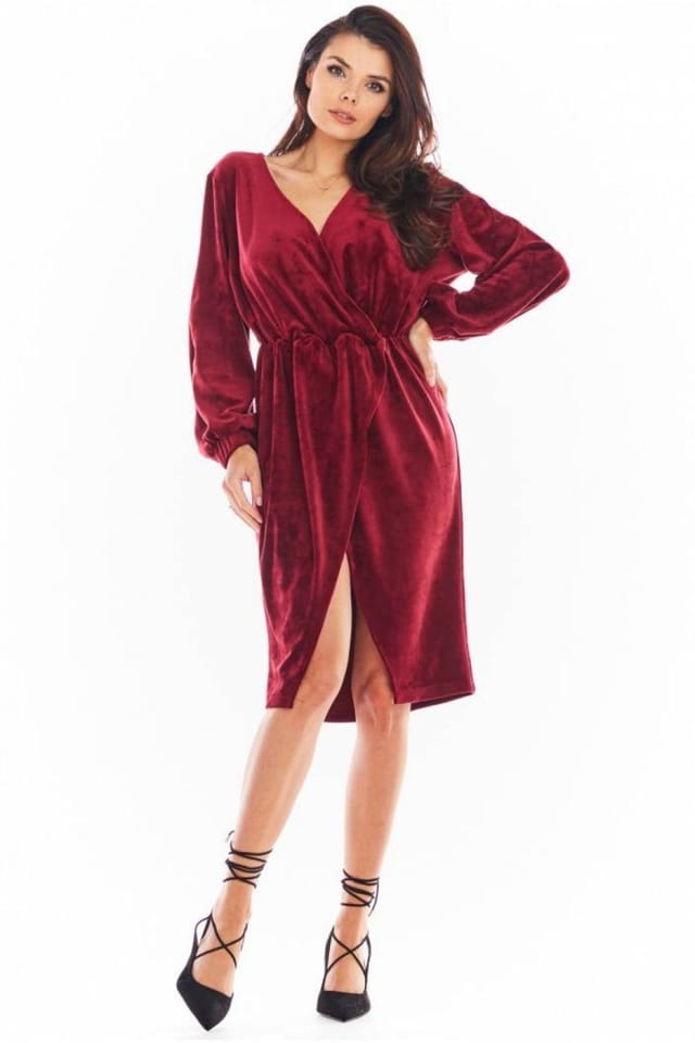 Love Lace Love Lace Women's Velour Envelope Evening Dress with Flared Sleeves in Burgundy - 2