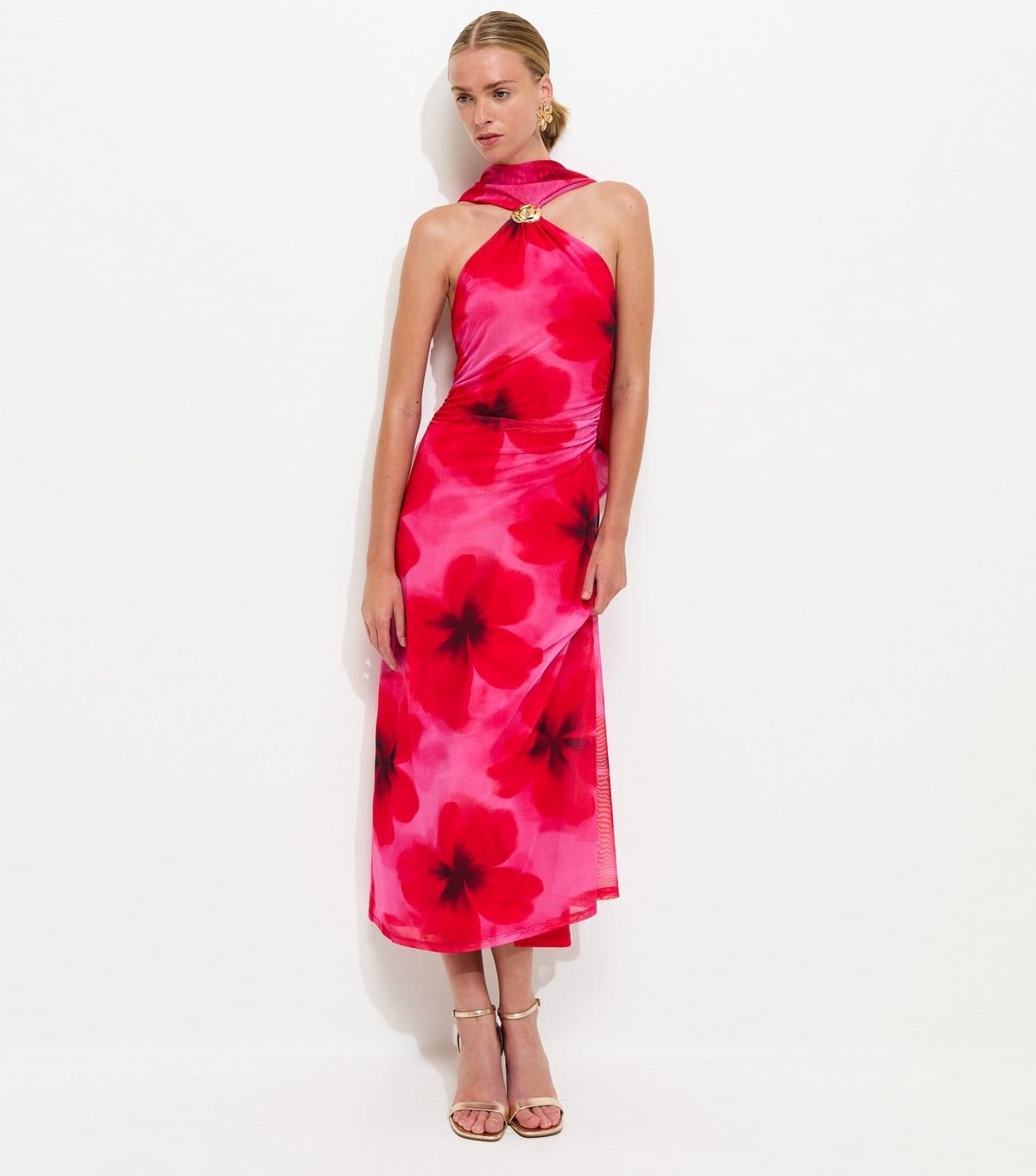 New Look Women's Dark Pink Floral Halter Scarf Detail Mesh Midi Dress New Look - 1