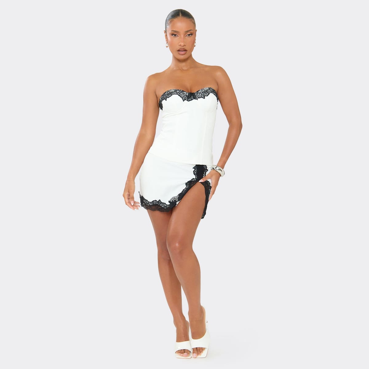 EGO Mid Rise Contrast Lace Trim Side Split Mini Skirt In White Satin, Women's Size UK 6 - 1