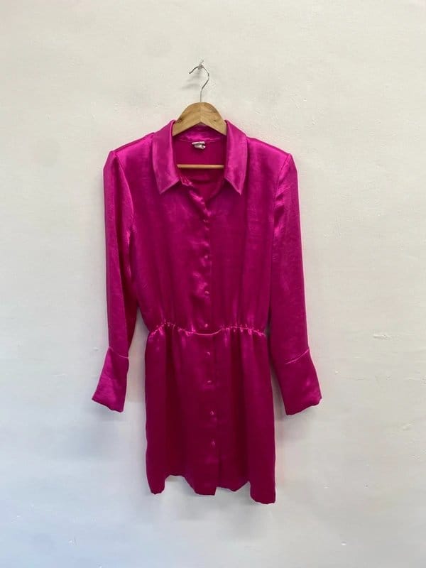 River Island Fuchsia Pink Satin Look Shirt Dress