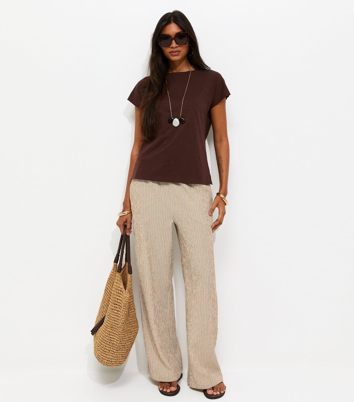 New Look Women's Brown Textured Stripe Wide Leg Trousers New Look