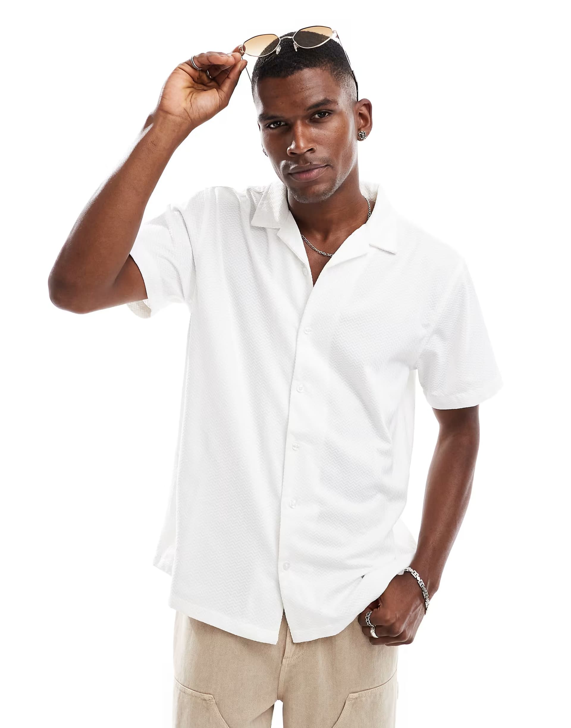 ASOS Brave Soul Revere collar short sleeve shirt in off white