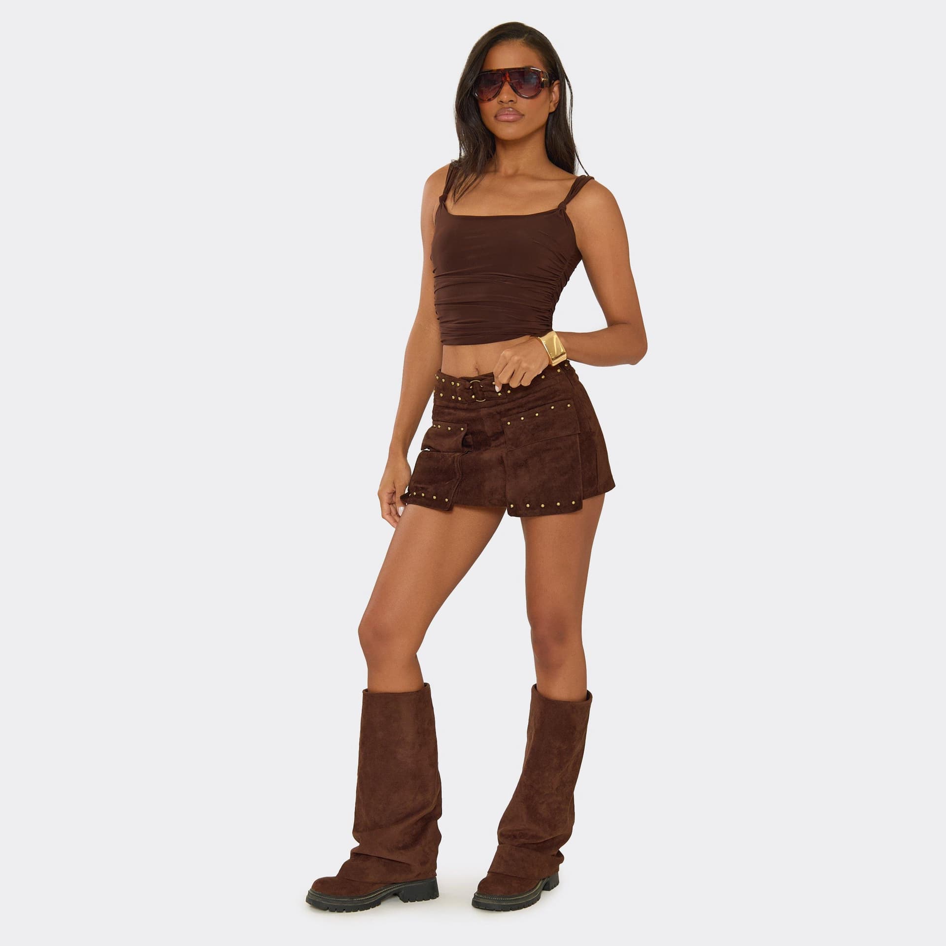 EGO Mid Rise Studded Cargo Skort In Brown Suede, Women's Size UK 6