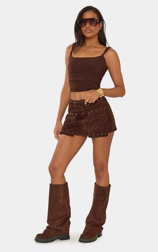 EGO Mid Rise Studded Cargo Skort In Brown Suede, Women's Size UK 6 - 2