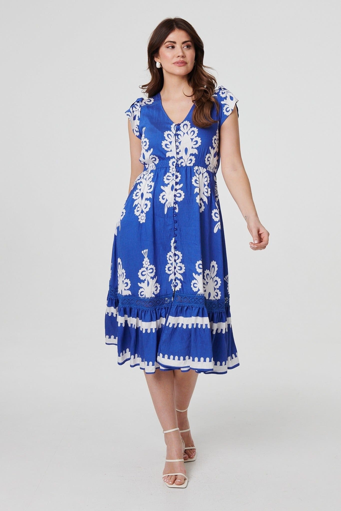 Izabel London Blue Ikat Print Cap Sleeve Lace Midi Dress