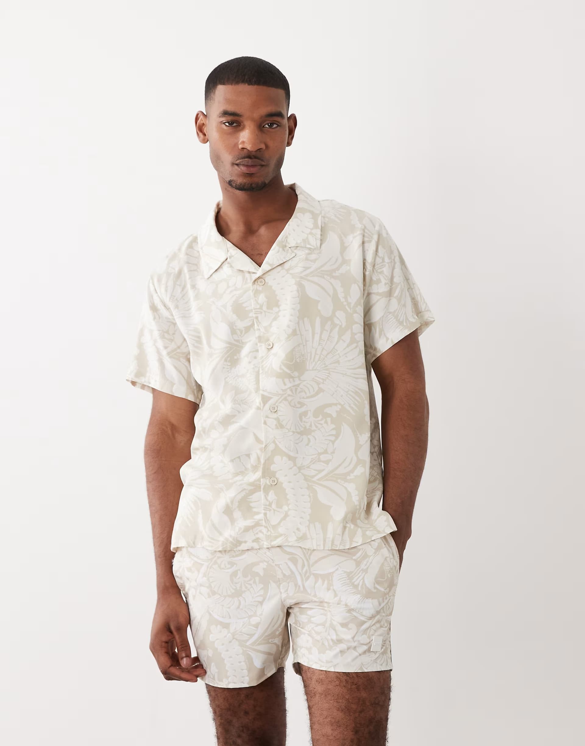 ASOS Boss Piranha leaf print co-ord shirt in beige