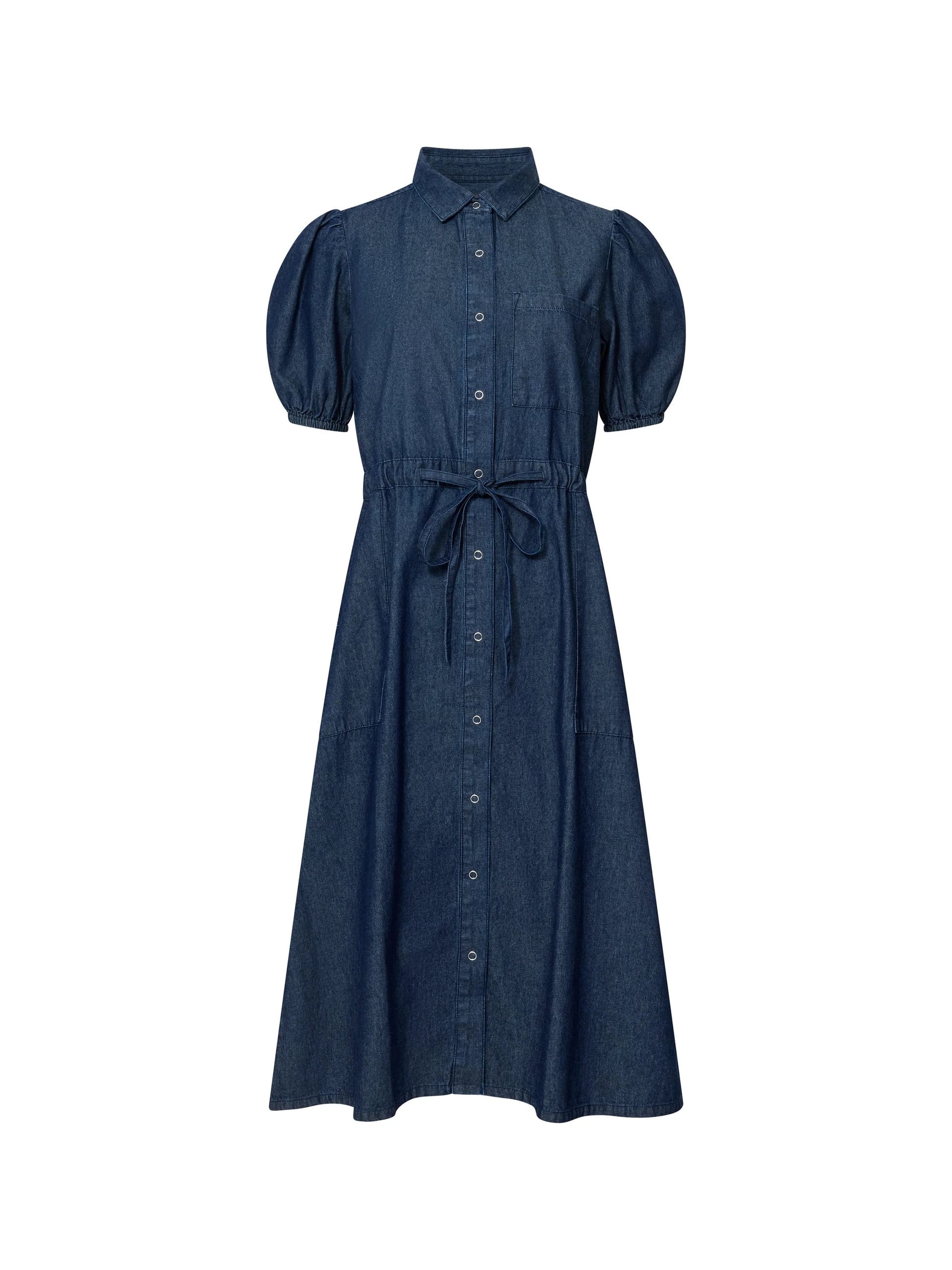 Dark Blue Chambray Tie Waist Shirt Dress Clean Indigo