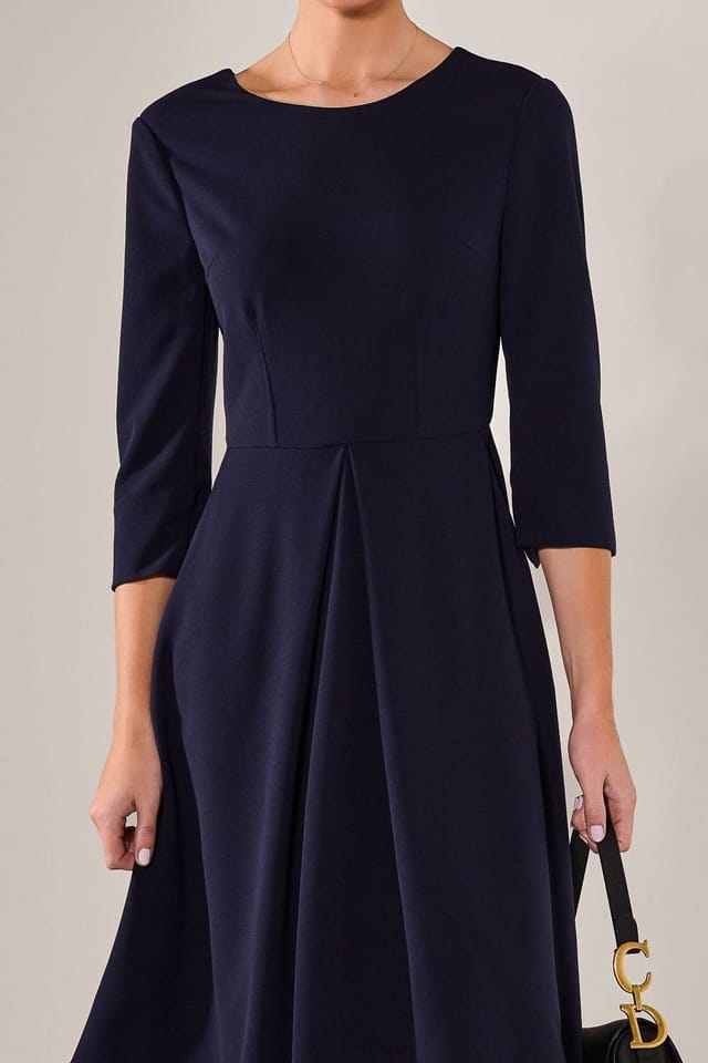 Jolie Moi Jolie Moi Women's Round Neck 3/4 Sleeve Midi Dress in Navy - 3