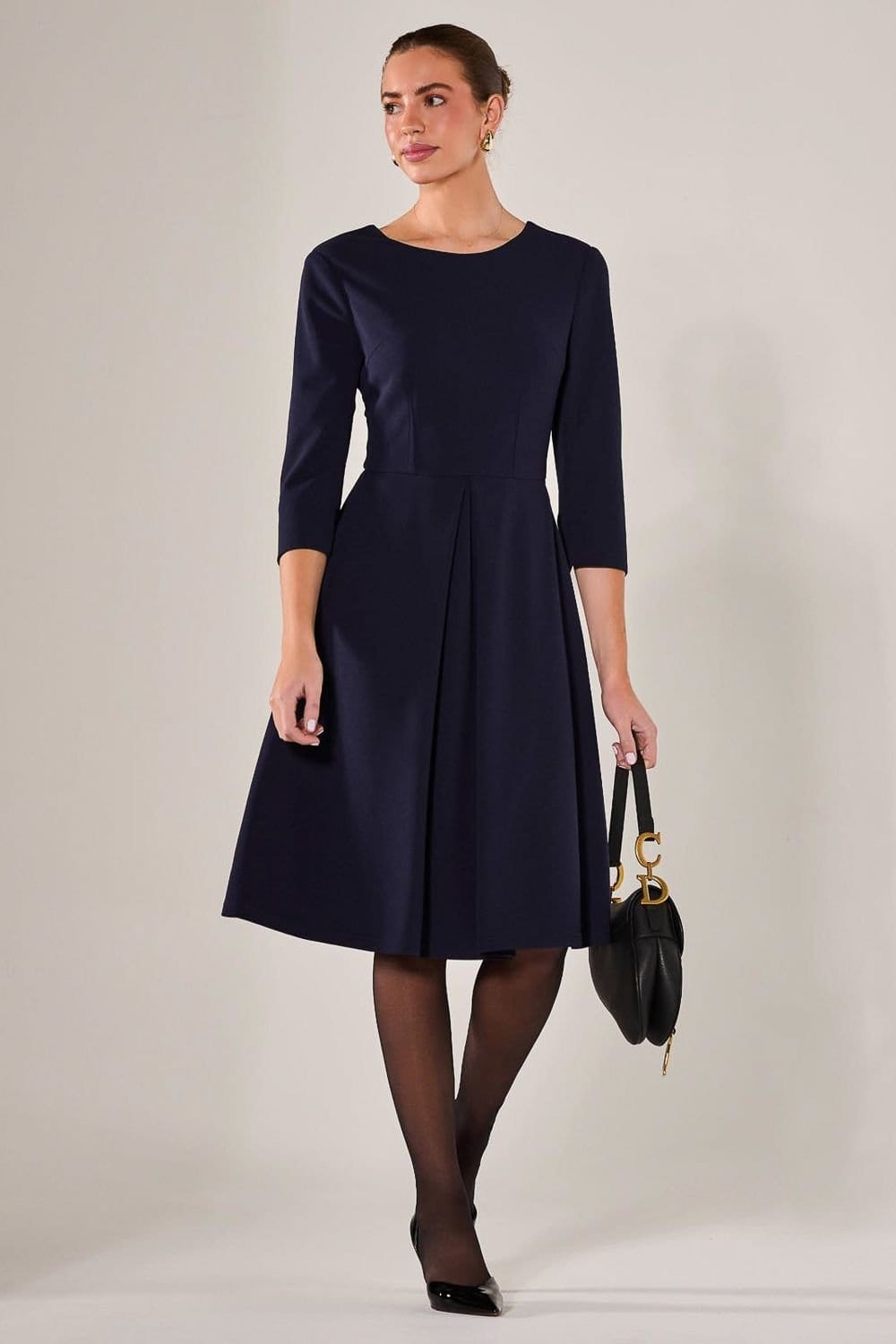 Jolie Moi Jolie Moi Women's Round Neck 3/4 Sleeve Midi Dress in Navy - 4