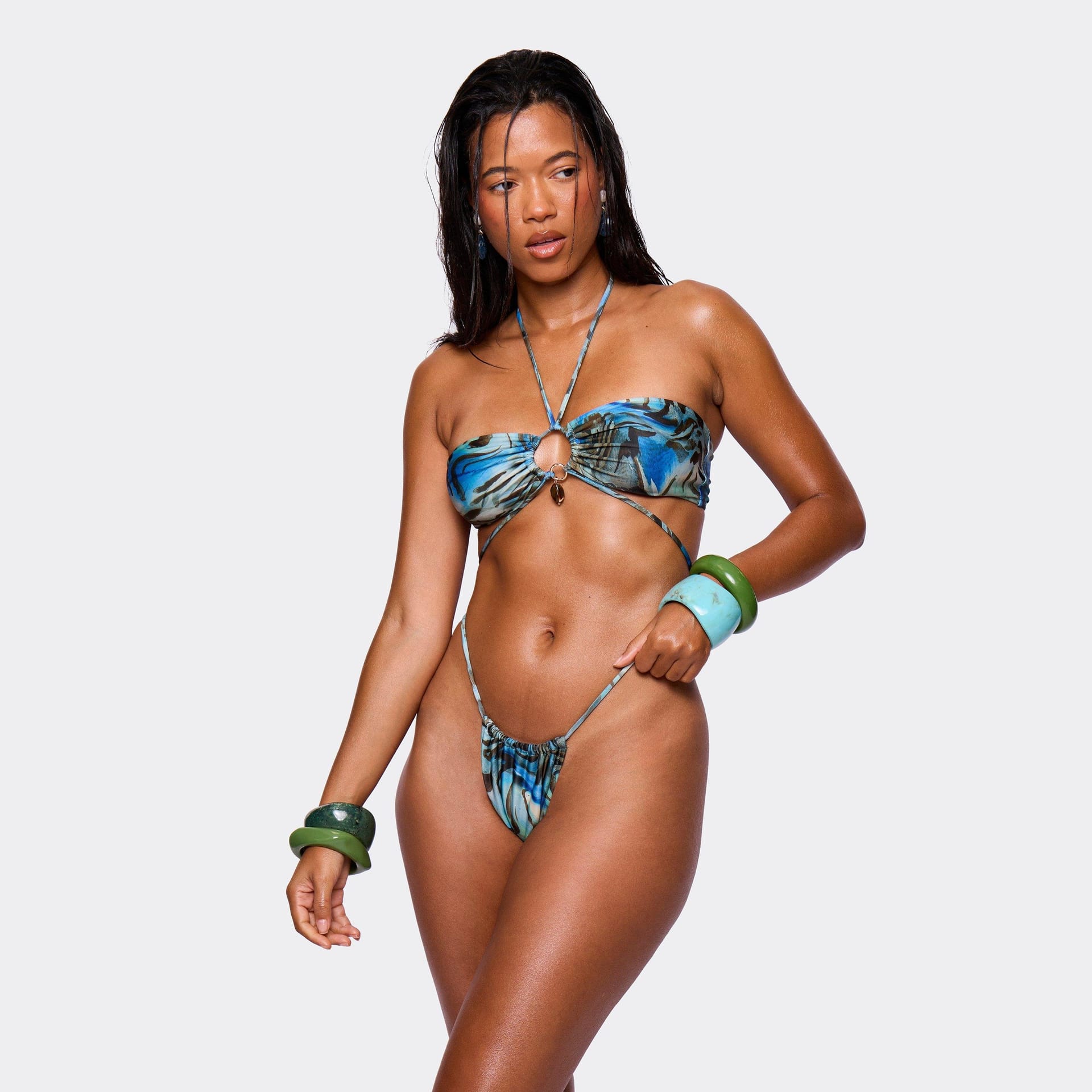 EGO Blue Abstract Print Ruched Bikini Bottoms