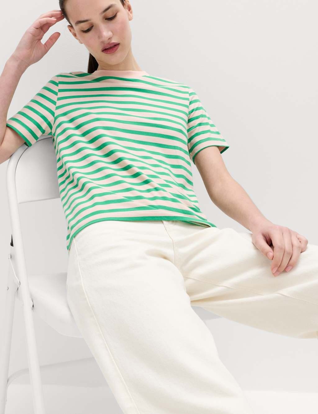 Marks & Spencer M&S Pure Cotton Striped Everyday Fit T-Shirt Light Green