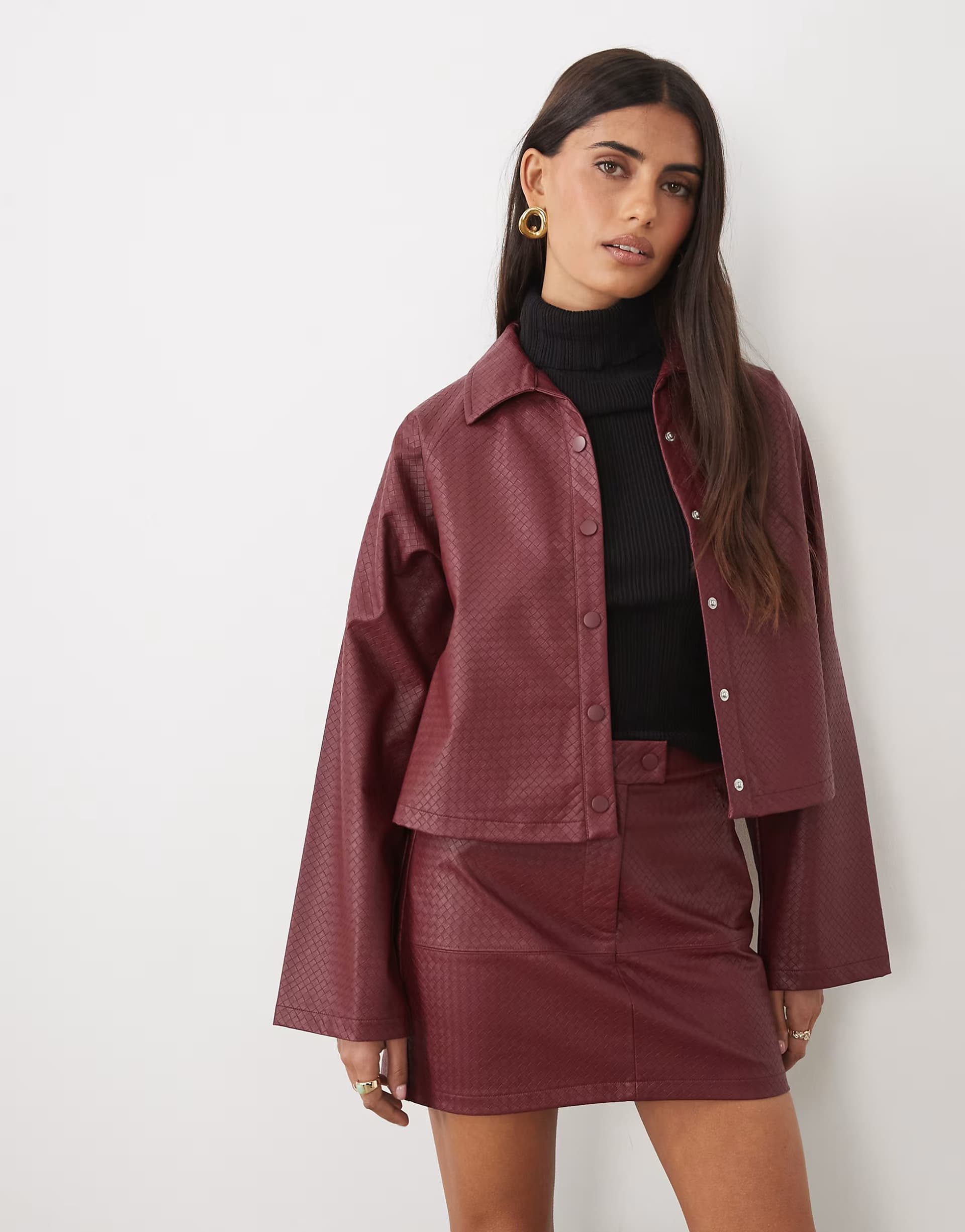 ASOS ASOS DESIGN basket weave leather look shacket in burgundy