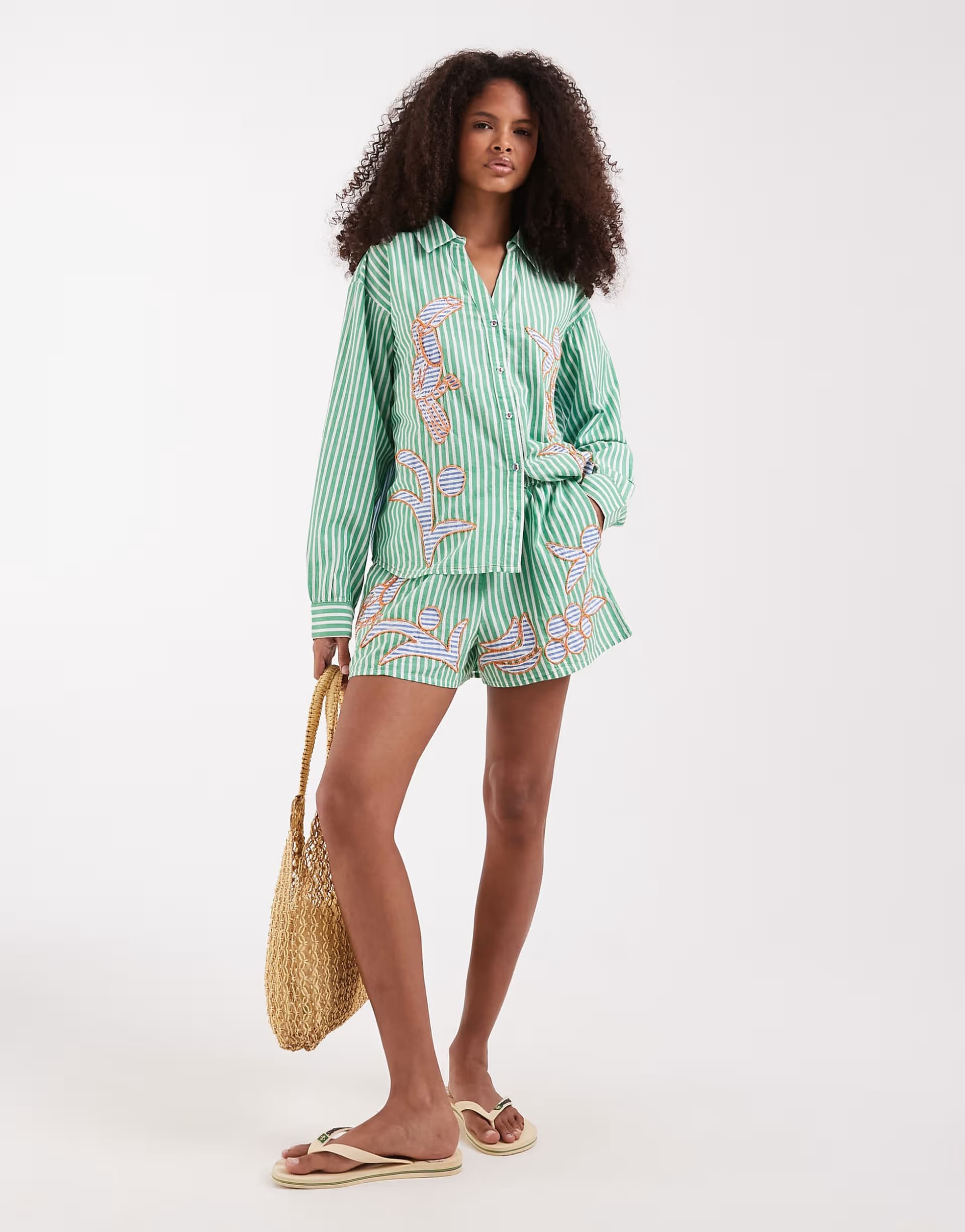 ASOS River Island striped toucan embellished shorts in mid green