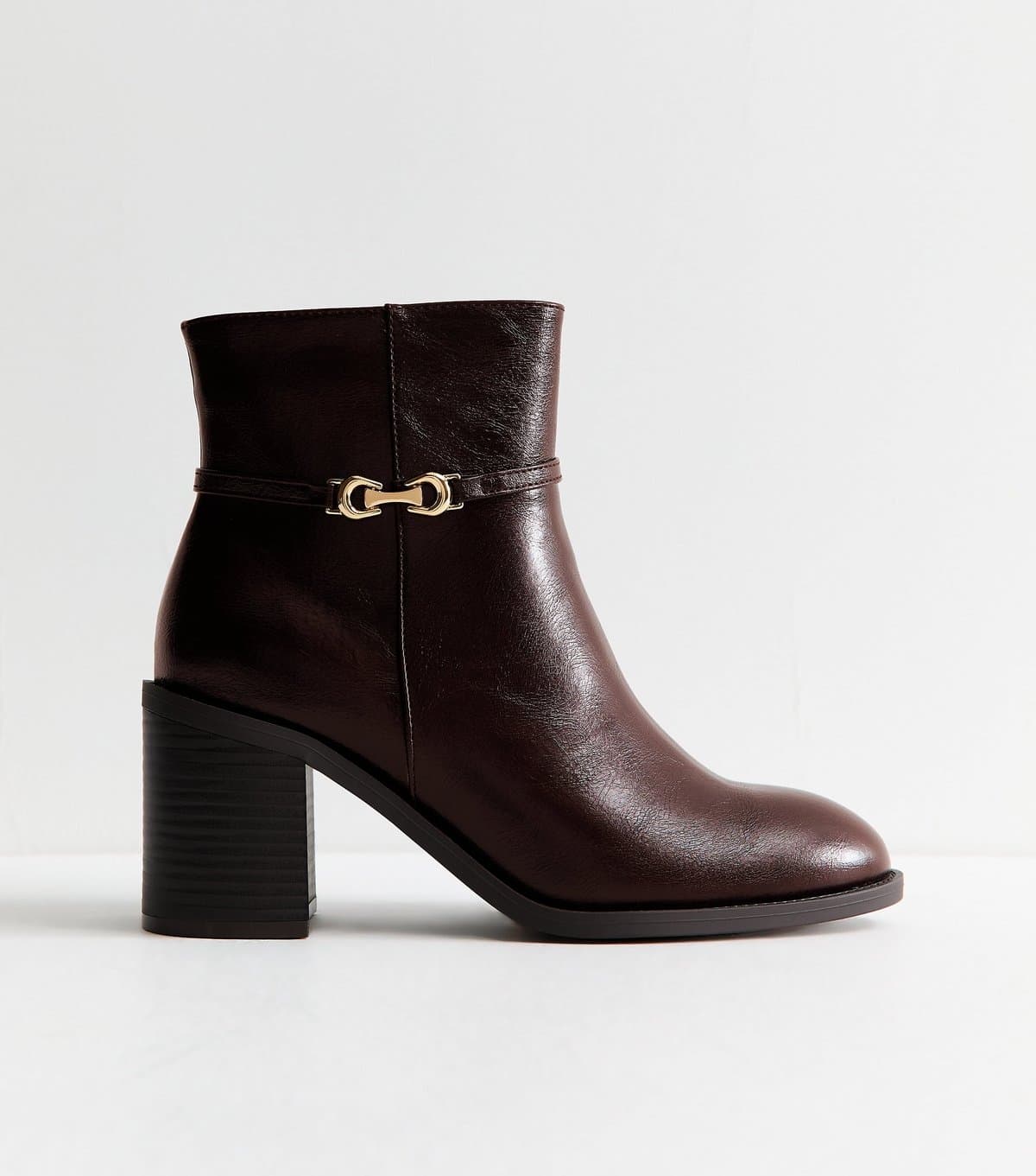 New Look Women's Extra Wide Fit Dark Brown Buckle Block Heel Ankle Boots Vegan New Look