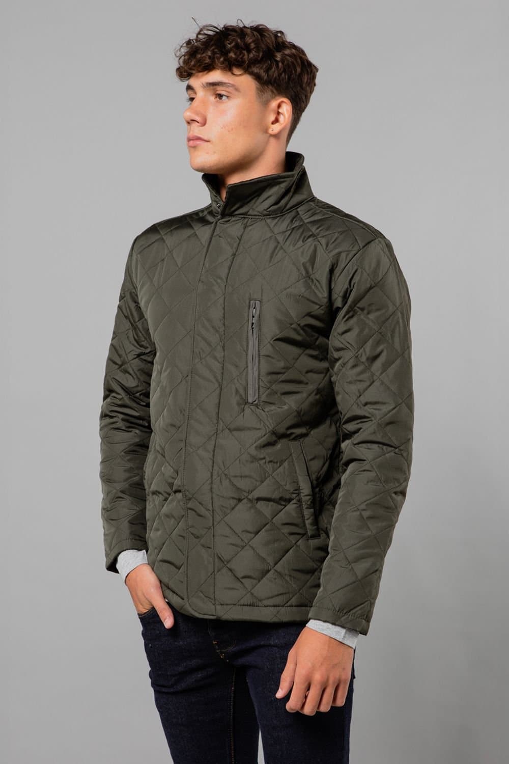 French Connection French Connection Men's Funnel Neck Diamond Quilted Jacket in Khaki