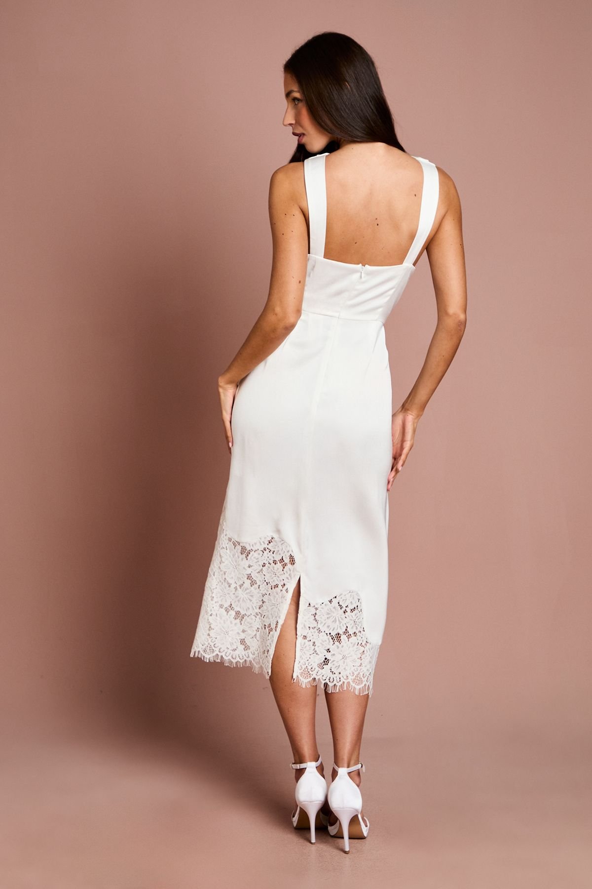 Coast Coast Women's Lace Hem Cross Front Halter Satin Dress in Ivory - 3