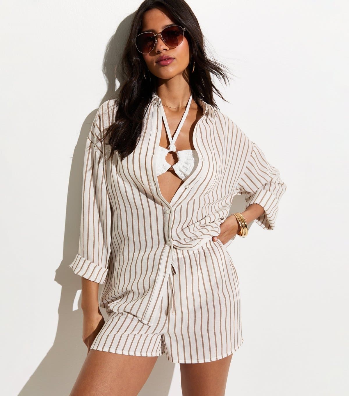 New Look Women's White Striped Oversized Long Sleeve Beach Shirt New Look