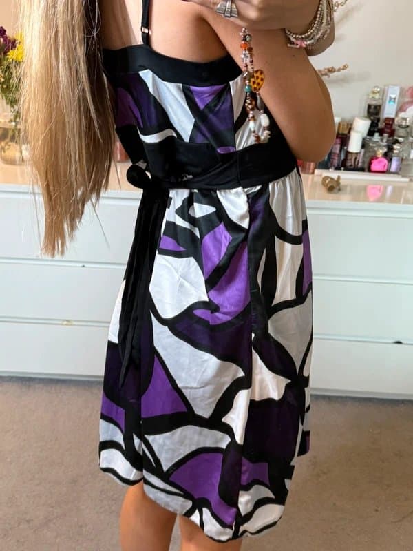 New Look Old label new look purple black and white abstract pattern tie back detail midi dress