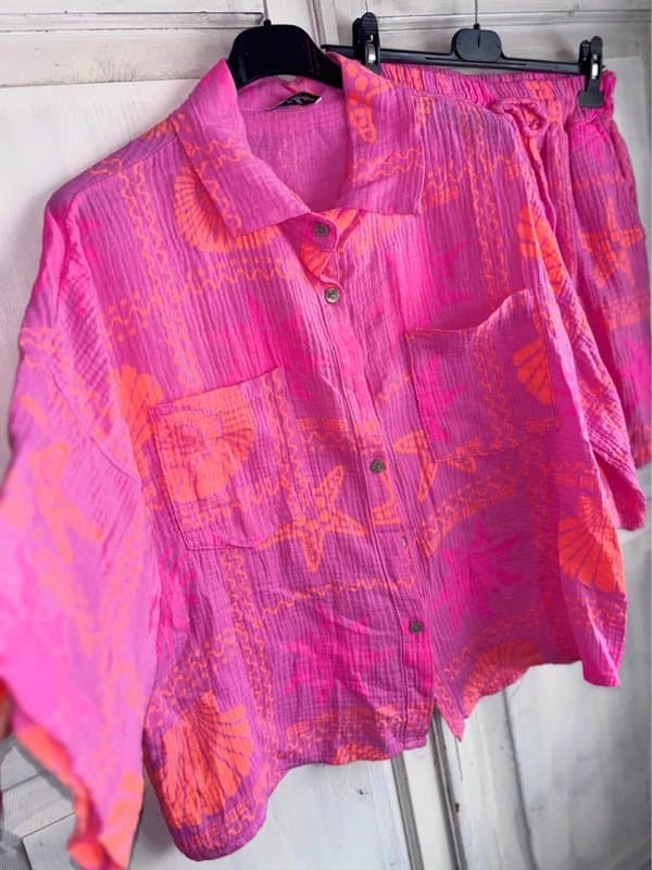 F & F Fashion Neon pink orange shorts Co ord set chessecloth 100% cotton