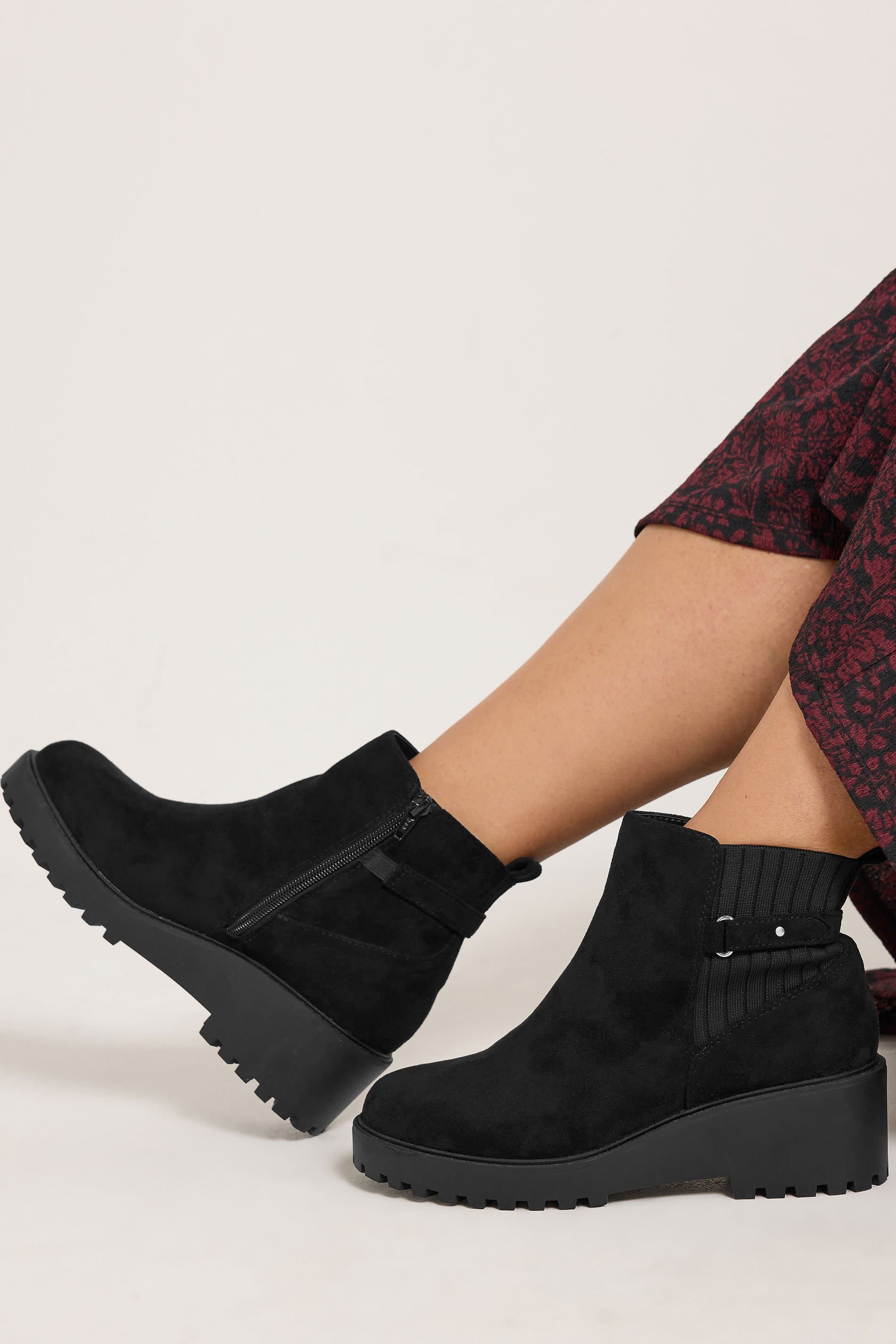 Yours Black Buckle Detail Wedge Heel Boots In Extra Wide Eee Fit