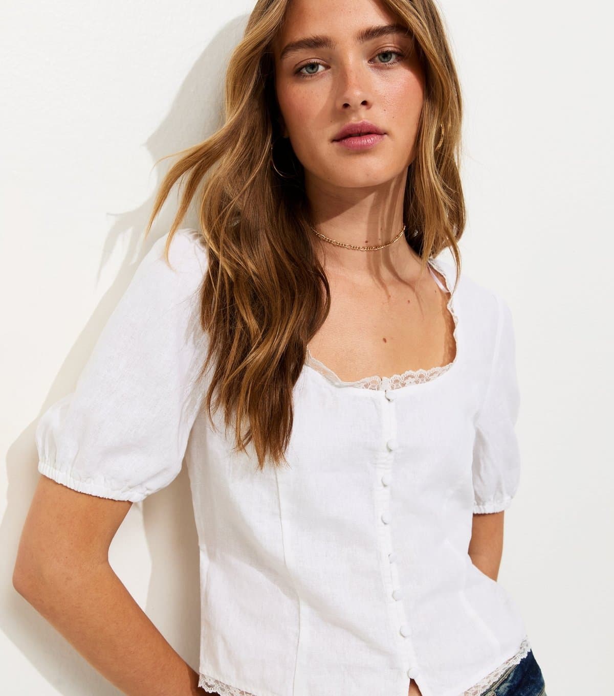 New Look New Look Off White Linen Lace Scoop Neck Blouse