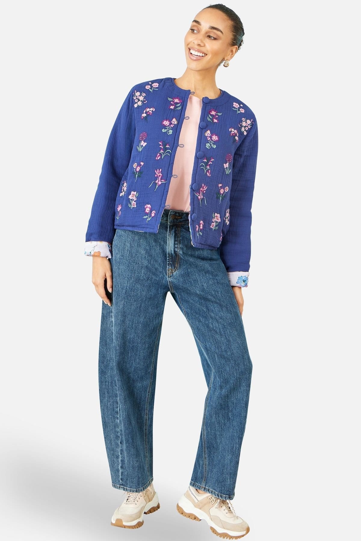 Yumi Women's Floral Embroidery Cotton Jacket in Cobalt