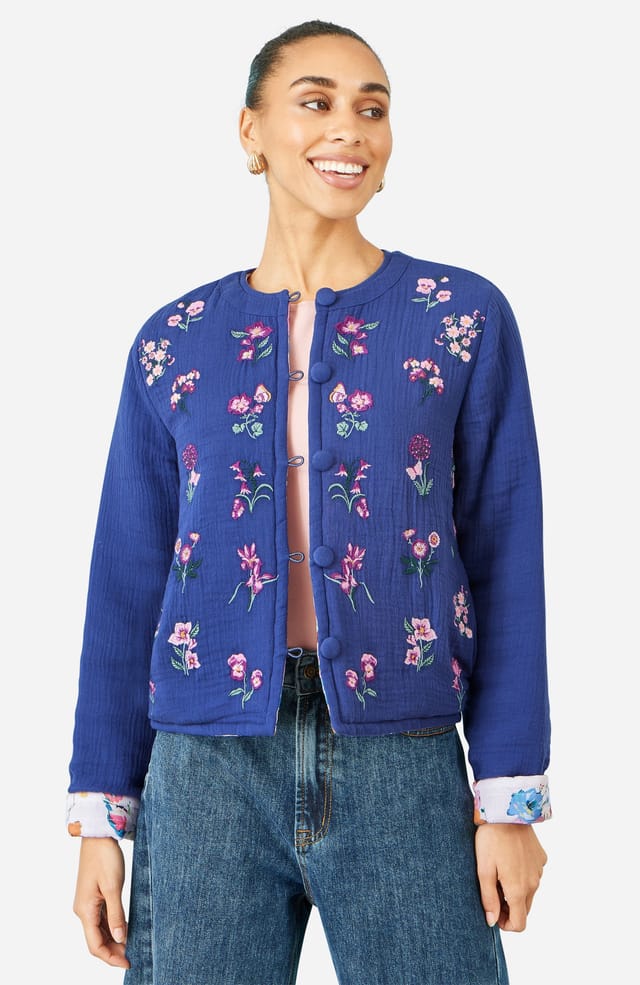 Yumi Yumi Women's Floral Embroidery Cotton Jacket in Cobalt - 2