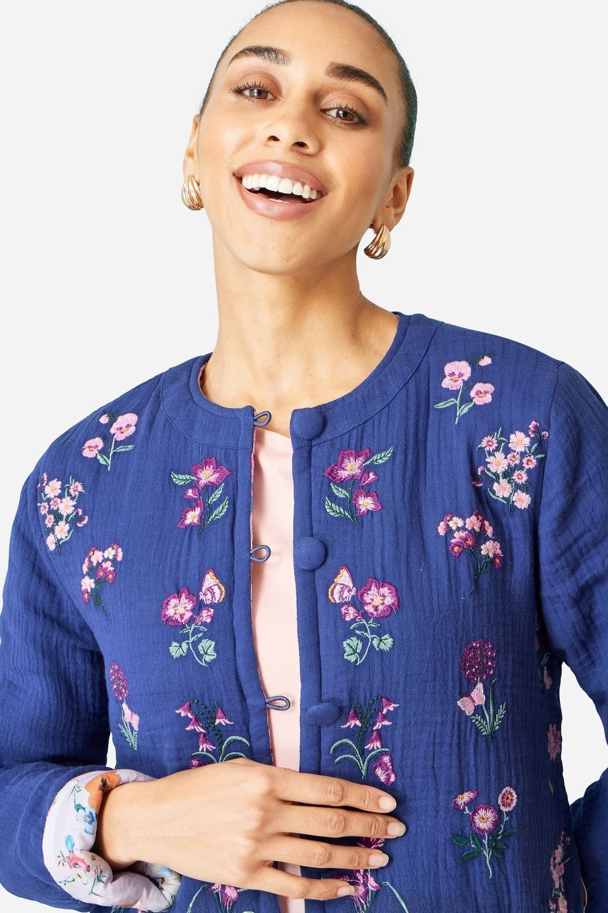 Yumi Yumi Women's Floral Embroidery Cotton Jacket in Cobalt - 4