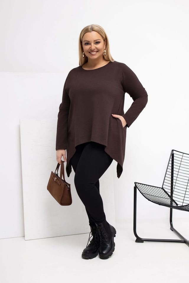 Love Lace Love Lace Women's Plus Size Cotton Tunic Blouse with Pockets in Brown - 2