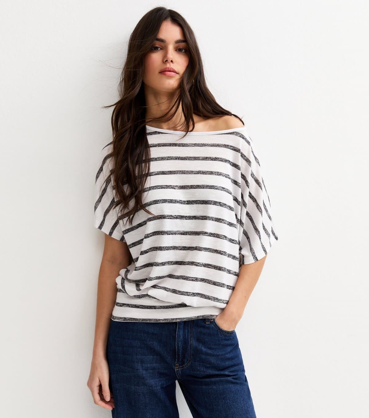 New Look Women's White Soft Touch Stripe Print Batwing Top New Look