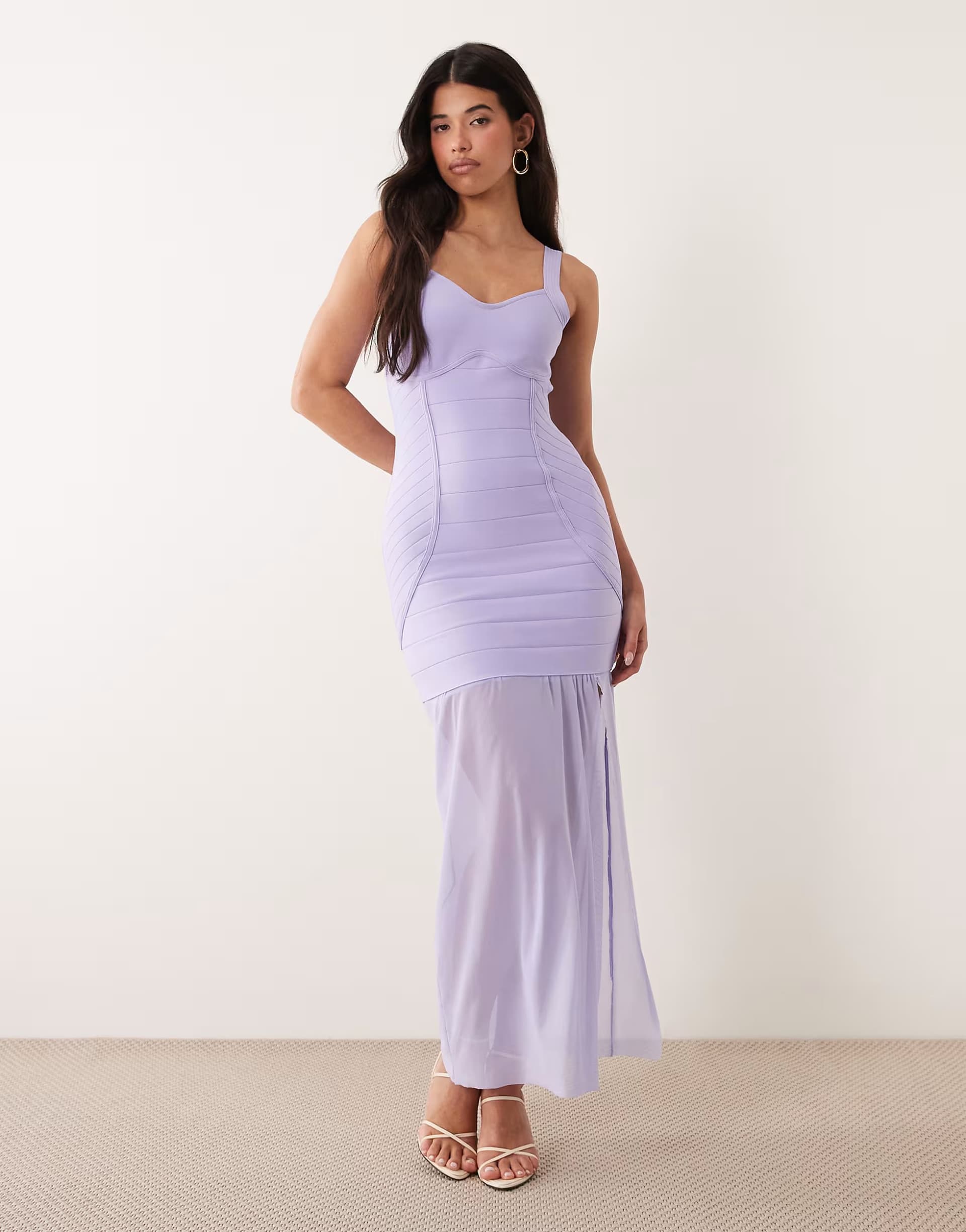 ASOS Kaiia exclusive 00s sculpting bandage sheer hem maxi dress in lilac