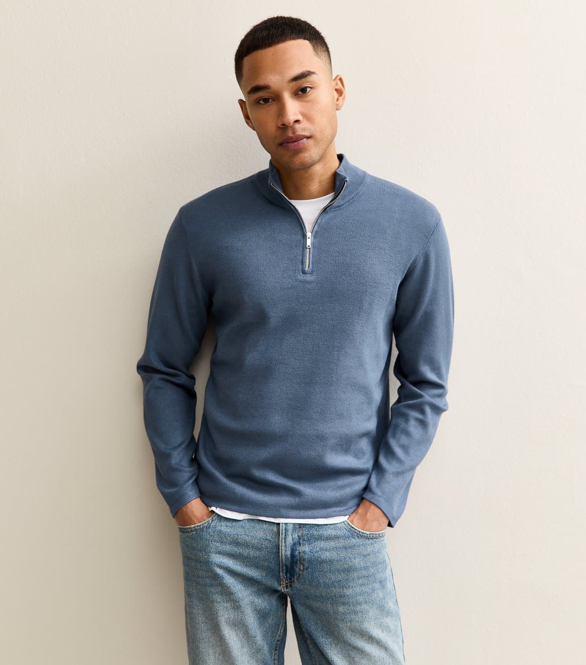 New Look Men's Premium Mid Blue Relaxed Funnel Neck Quarter Zip Jumper New Look