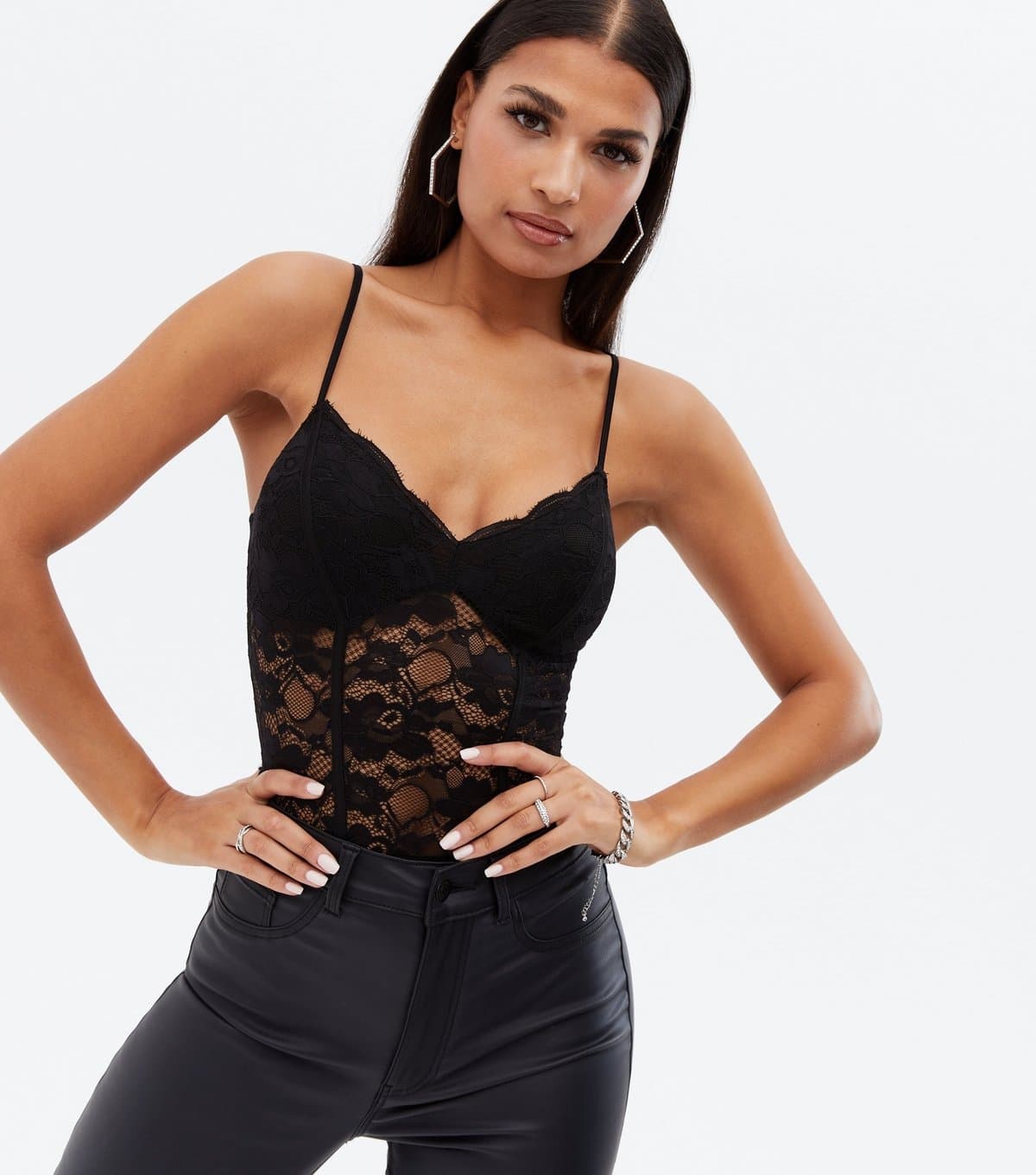 New Look Women's Black Lace Strappy Bodysuit New Look