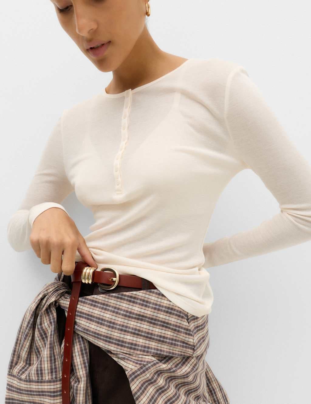 Marks & Spencer M&S Lyocell Rich Henley Top with Wool Vanilla