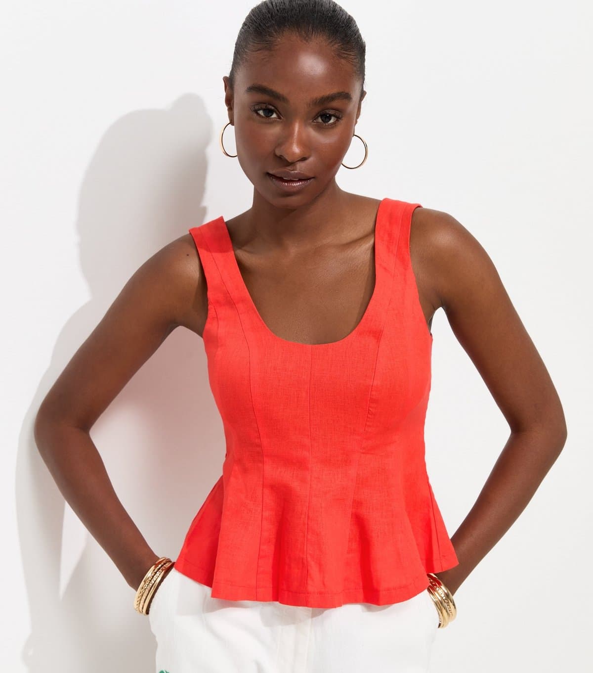 New Look Women's Bright Red Linen Rich Scoop Neck Sleeveless Top New Look