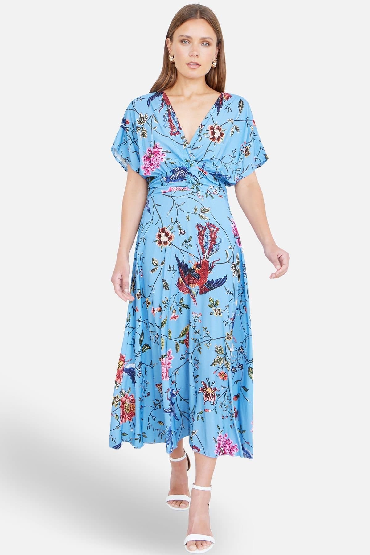 Yumi Yumi Women's Viscose Bird & Floral Print Midi Dress With Ruched Waist in Bright Blue