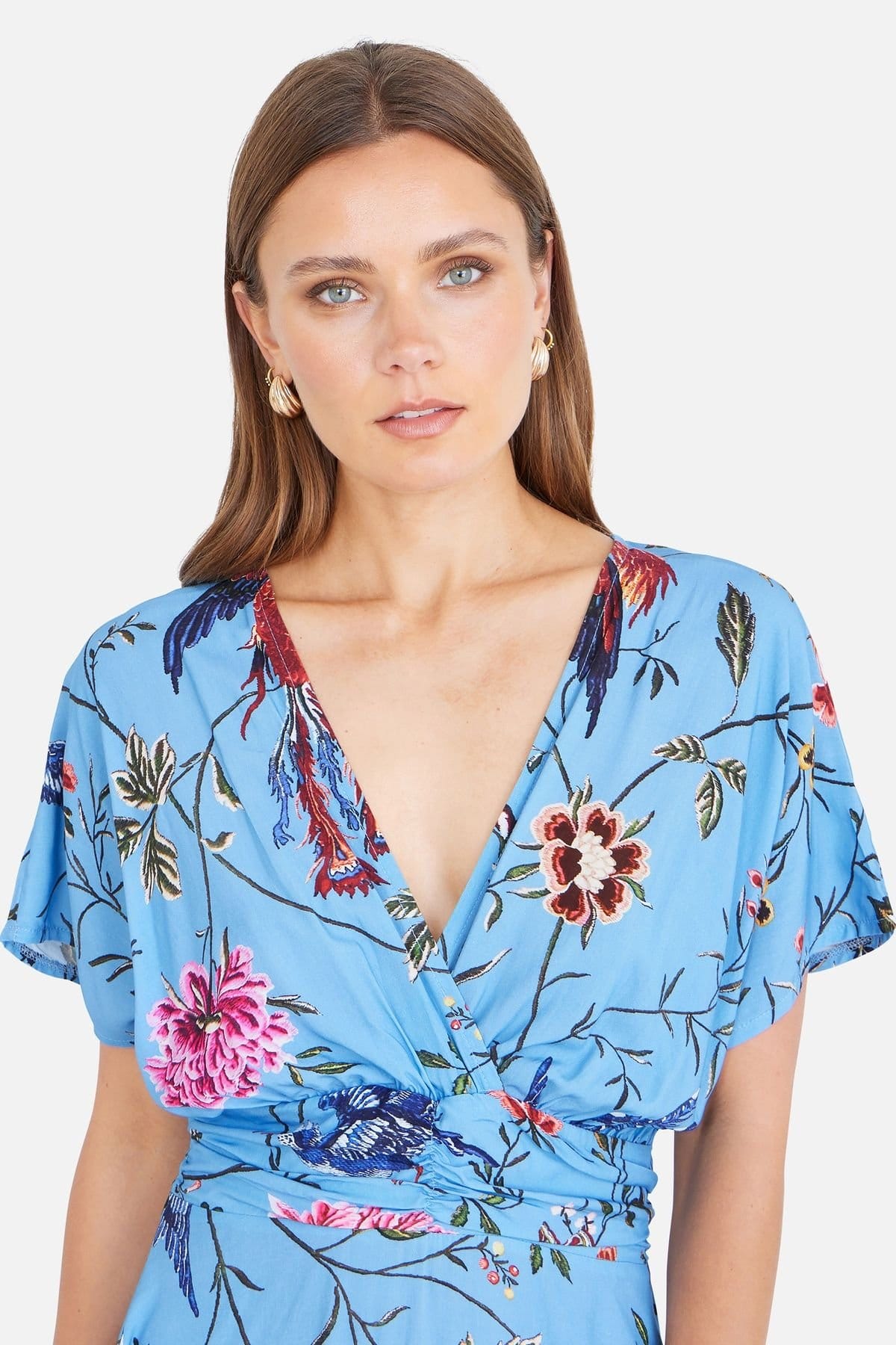 Yumi Yumi Women's Viscose Bird & Floral Print Midi Dress With Ruched Waist in Bright Blue - 4
