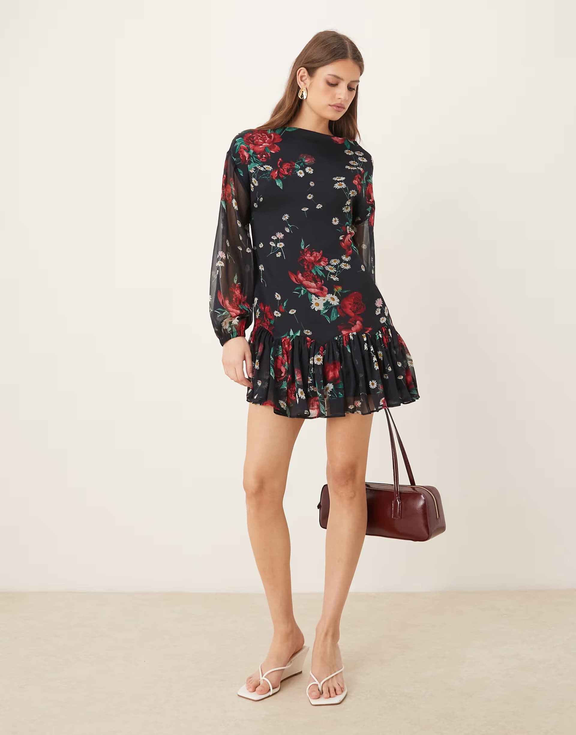 ASOS ASOS DESIGN slash neck chiffon godet mini dress in black red floral