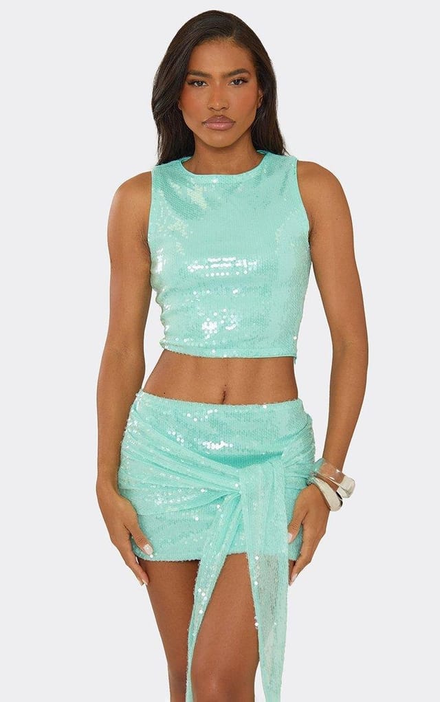 EGO Sleeveless Vest Top In Blue Sequin, Women's Size UK 6 - 2