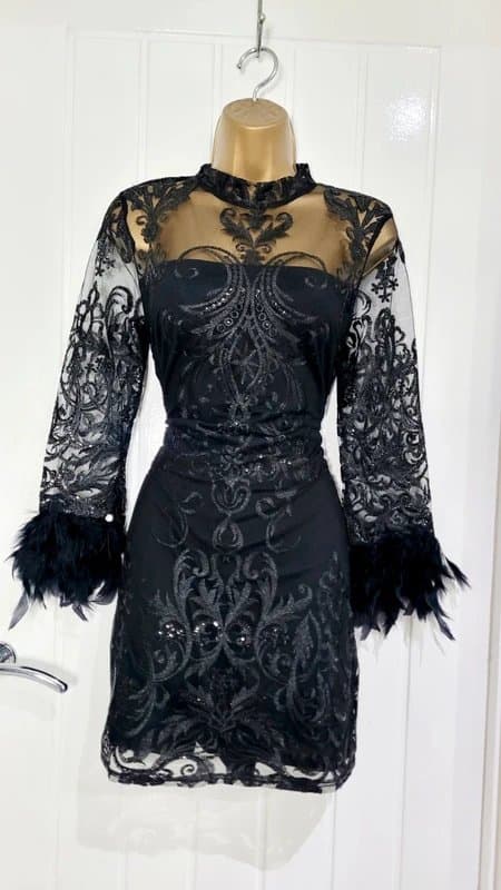 Lipsy Lipsy London Size 14 Black Feather sequin mesh cocktail party dress short evening