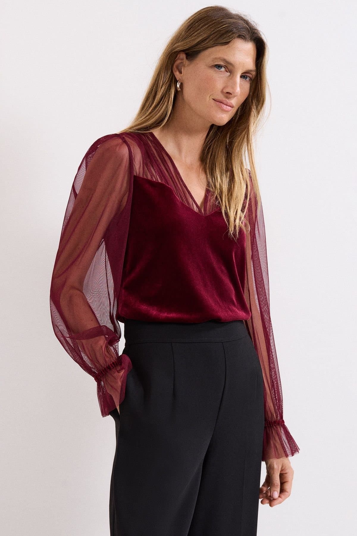 Phase Eight Phase Eight Wine Velvet Blouse with Sheer Sleeves