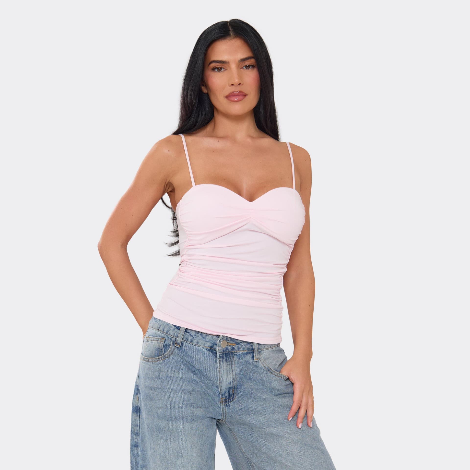 EGO Strappy Bust Cup Detail Ruched Top In Pink Slinky, Women's Size UK M/L
