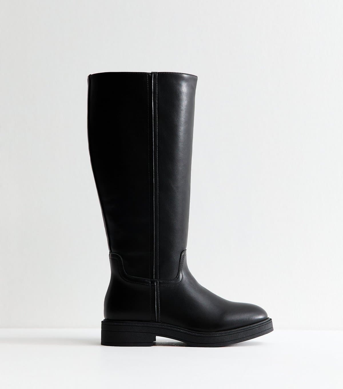 New Look Women's Extra Calf Fit Black Faux Leather Riding Knee High Boots Vegan New Look