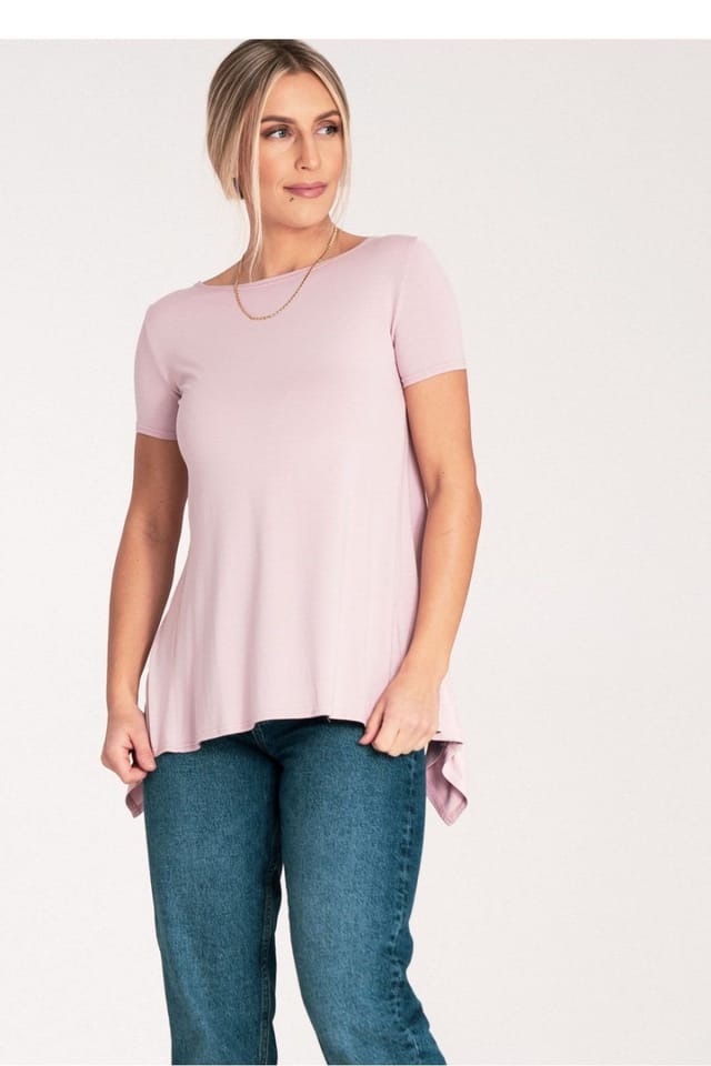 Love Lace Love Lace Women's Back Cutout Frill Short Sleeve Pullover Blouse in Pink - 2