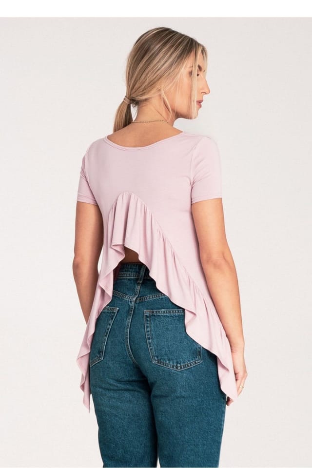 Love Lace Love Lace Women's Back Cutout Frill Short Sleeve Pullover Blouse in Pink - 3