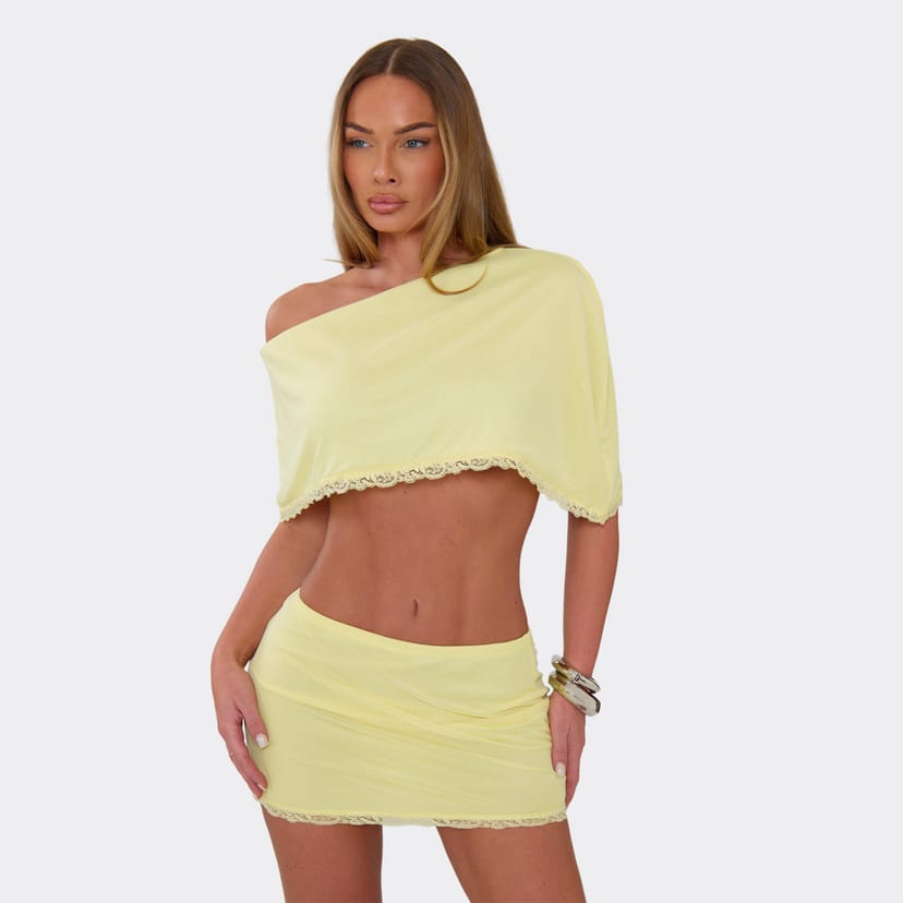 EGO Off The Shoulder Lace Trim Asymmetric Cape Top In Lemon, Women's Size UK 8 - 1